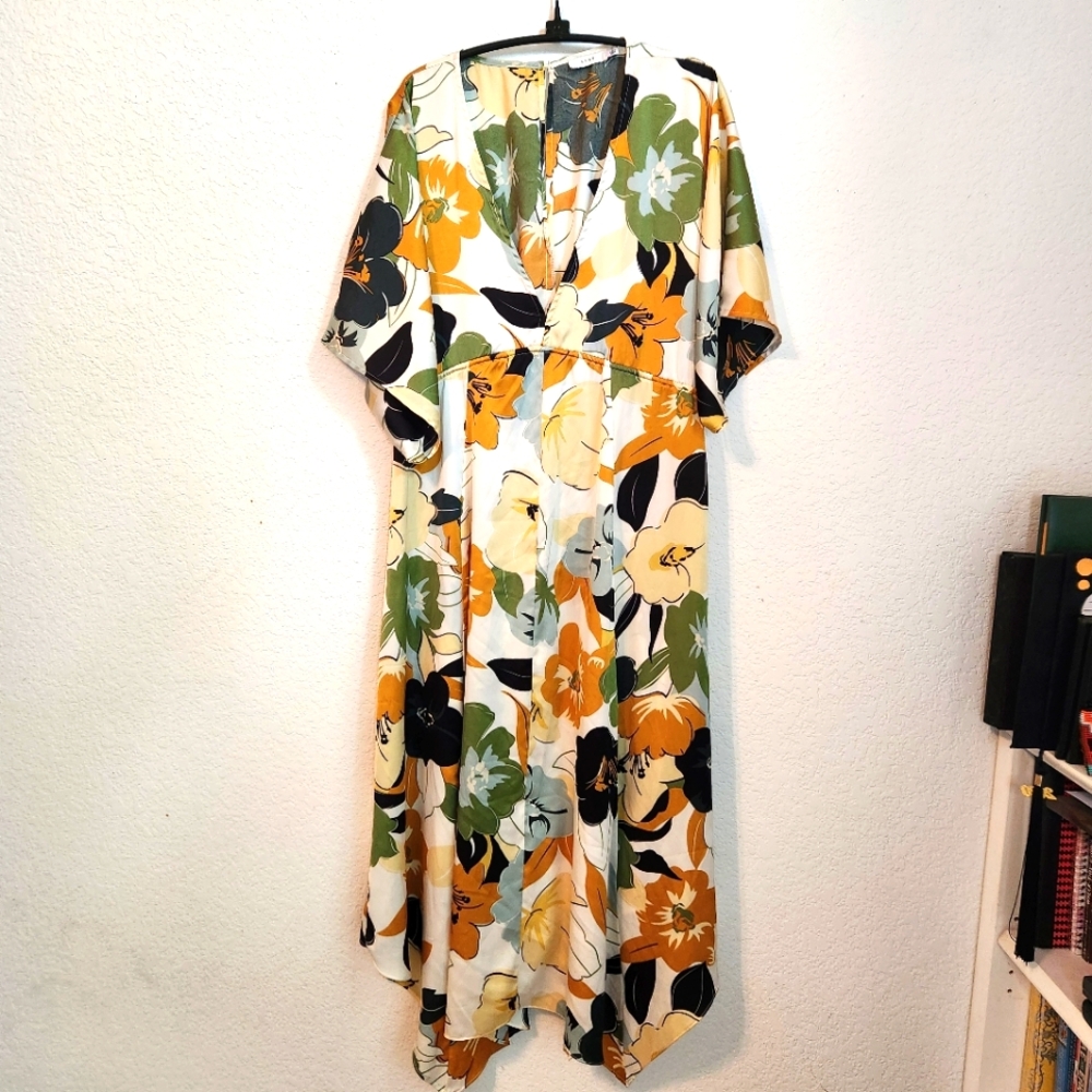 Lush Yellow Floral Satin Waist Tie Midi Dress, Size S